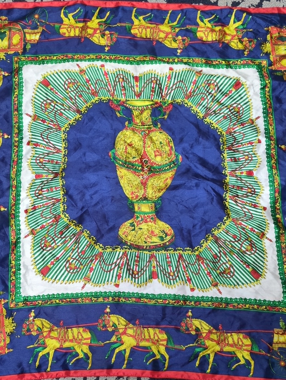 Vintage Satin Equestrian Large Square Scarf Blue Red Yellow Green